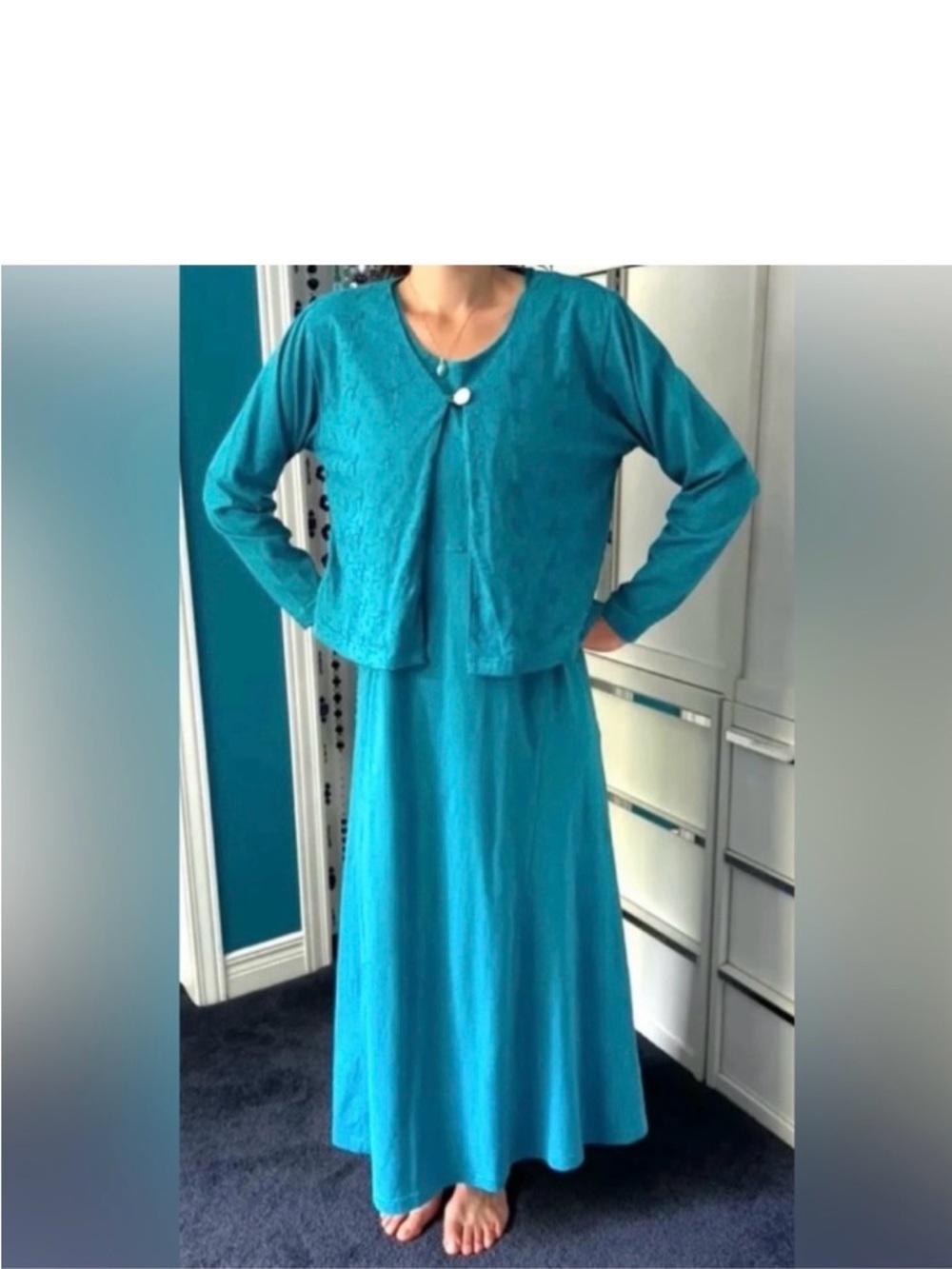90’s Turquoise Cotton Maxi Dress & Matching Bolero Set – Embroidered Inset